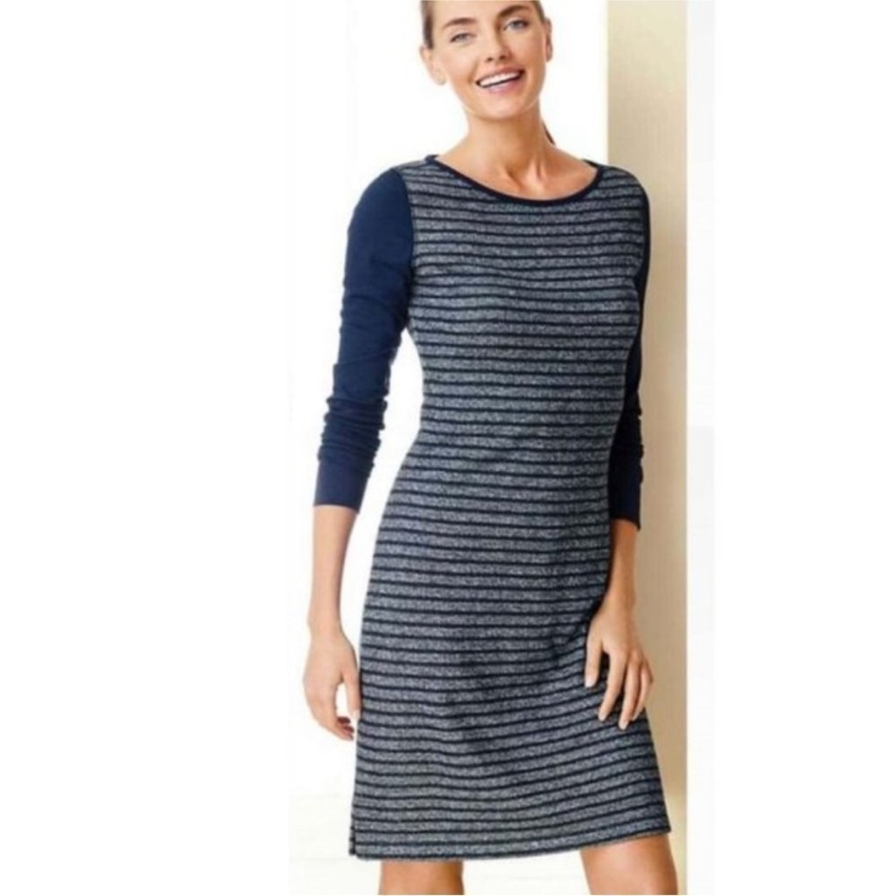 Talbots Petite Three Quarter Sleeve Striped Cozy Tunic Length Sweater Dress
